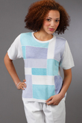 Alfred Dunner Tops - Women's Color Block Short Sleeve Sweater - Aqua and Purple