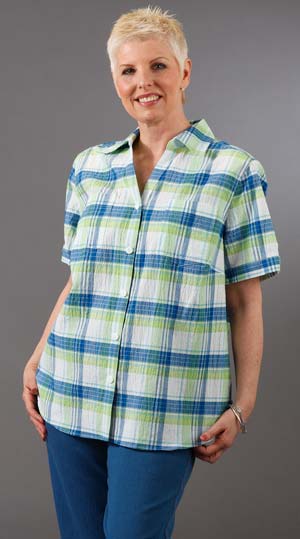 Last Ones Size 16W - Alfred Dunner Cotton-Rich Plus Short Sleeve Madras Plaid Shirt -  Ocean Blue Plaid