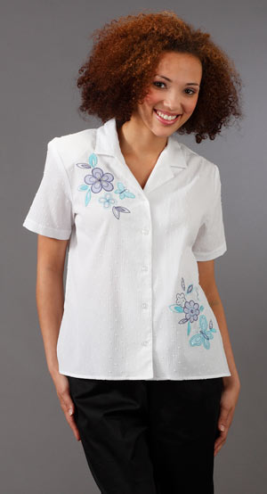 Plus Alfred Dunner Cotton-Rich Short Sleeve Button Down Shirt - White Swiss Dot