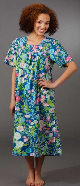 House Dresses - Cotton Short Sleeve Float Dress Caftan by La Cera - Hidden Garden Print