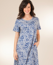 La Cera Cotton Knit A-Line Dress - Blue Floral on White