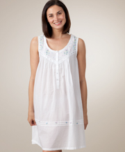 White Sleepwear Cotton Embroidered Sleeveless Short Gown by La Cera