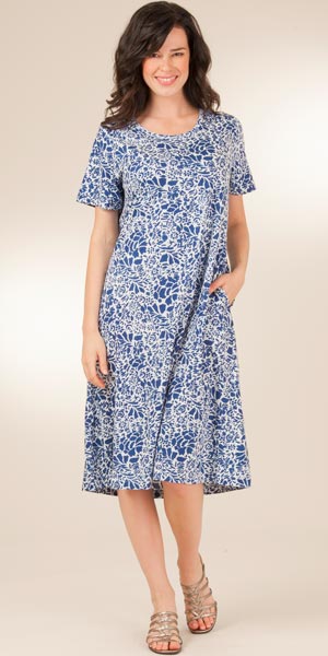 La Cera Cotton Knit A-Line Dress - Blue Floral on White