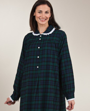 Lanz Gown Peter Pan Collar Cotton Flannel in Black Watch Plaid