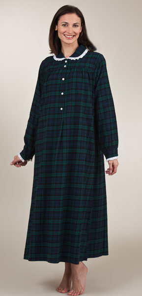 Lanz Gown Peter Pan Collar Cotton Flannel in Black Watch Plaid