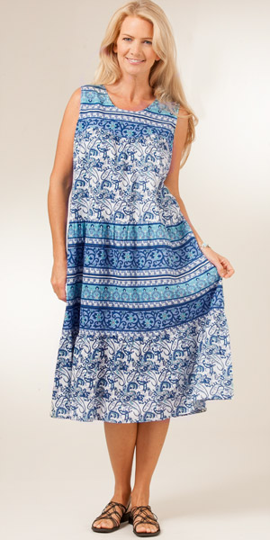 La Cera Soft & Easy 100% Cotton Sleeveless dress - Blue Paisley Print