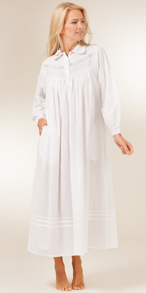 Soft & Easy White Woven Cotton Embroidered Pintucked NightGown with Collar