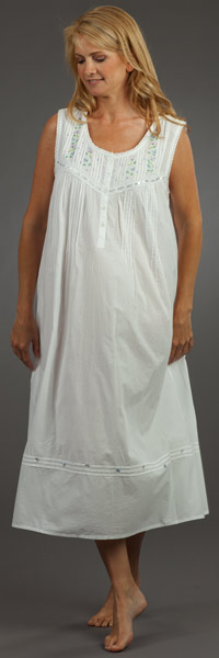 La Cera Sleepwear "Soft & Easy" Embroidered Sleeveless Cotton Ballet Nightgown -  White 
