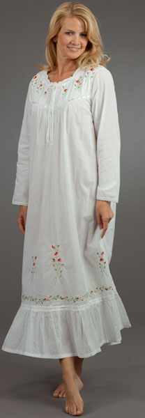 Soft & Easy Long Sleeved Ballet Woven White Cotton Nightgown -  Red Rose Embroidered