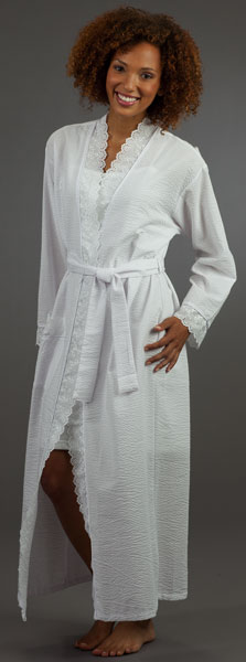 Eileen West Robes - Cotton-Rich Seersucker White Wrap Robe - Ballet Length
