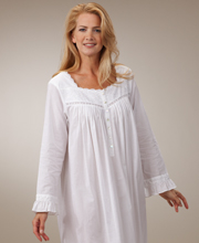 Eileen West Long-Sleeved Ballet Cotton Lawn Night Gown in Monaco White