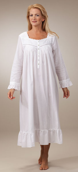 Eileen West Long-Sleeved Ballet Cotton Lawn Night Gown in Monaco White