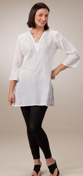 White Tunics - 100% Cotton Semi-Sheer Peppermint Bay Tunic - White Embroidered