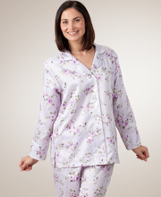 Sale - Carole Hochman Cozy Flannel-Backed Satin Pajamas  - Lavender Roses