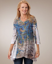 Plus Size Burnout Sublimation Tunic Top - Slightly Sheer in  Peacock Flight