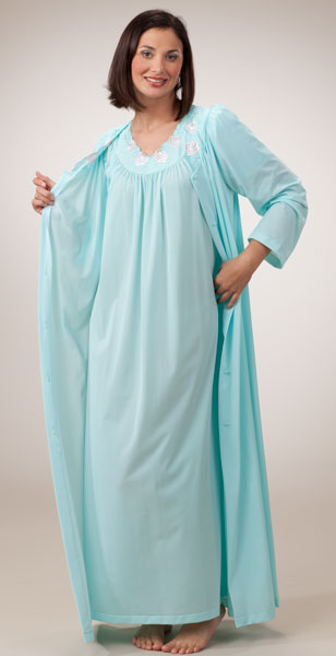Plus Shadowline Petals Long Sleeves Long Robe - Seafoam