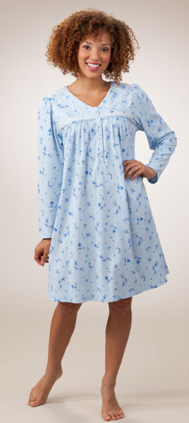 Sale 3X Only - Plus Aria Brushed Interlock Knit Cotton Long Sleeve Waltz Nightgown - Blue Floral on Blue