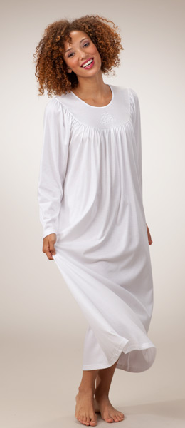 Calida Cotton Nightgown - Long Sleeve Dreamy Interlock Knit  - White, Pink and Blue