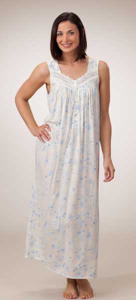 Sale Eileen West Sleeveless Cotton-Modal Ballet Gown - Blue Blossoms on Ivory