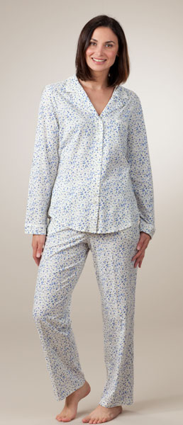 Special - Eileen West  Long Sleeve Cotton Dreamtime Jersey Pajama Set - Blue Floral on Ivory
