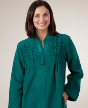 Cyber Sale - Brushed Back Terry Fleece Robe by Miss Elaine - Smocked Zip-Front in Jade