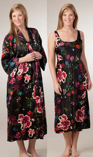 Special - Natori N Satin Charmeuse Nightgown and Robe Set in Midnight Floral