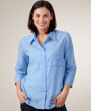 Plus Southern Lady Casual Cotton-Rich Blouse with Collar - Embossed in Light Blue