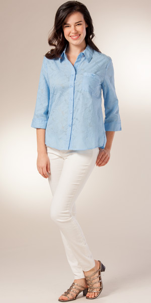 Southern Lady Casual Cotton-Rich Blouse with Collar - Embossed in Light Blue