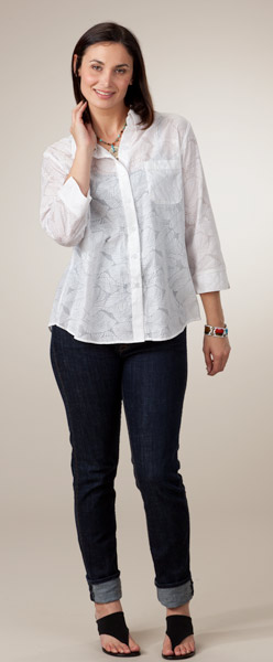 Plus Southern Lady Cotton-Rich Casual Blouse with Collar - Embossed in White