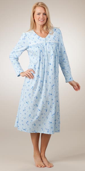 Last Ones Size L - Aria Cotton Knit Long Sleeve Ballet Blue Gown with Blue Floral