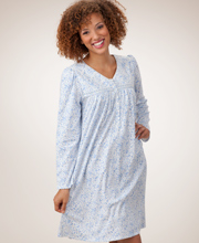 Sale 3X Only - Plus Aria Brushed Interlock Knit Cotton Long Sleeve Waltz Nightgown - Blue Ditsy on Ivory
