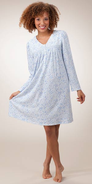 Sale 3X Only - Plus Aria Brushed Interlock Knit Cotton Long Sleeve Waltz Nightgown - Blue Ditsy on Ivory