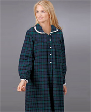 Lanz Nightgown Peter Pan Collar Cotton Flannel in Black Watch Plaid