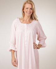 Plus Smocked Cotton Knit Long Gown in Pink with Pink Rosettes