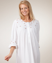Smocked Cotton Knit Long Nightgown in White with Red Rosettes