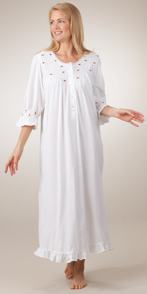 Smocked Cotton Knit Long Nightgown in White with Red Rosettes