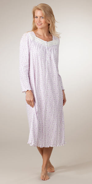 Last Ones Size L - Aria Brushed Interlock Knit Cotton-Rich Long Sleeve Nightgown - Thistle Vine
