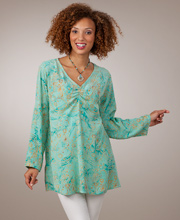 Women's Tunics in Size S-1X by Lost River Shirred Bodice Tunic in Radiant Emerald