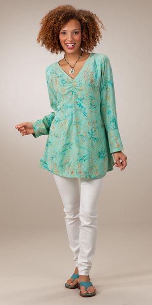 Women's Tunics in Size S-1X by Lost River Shirred Bodice Tunic in Radiant Emerald
