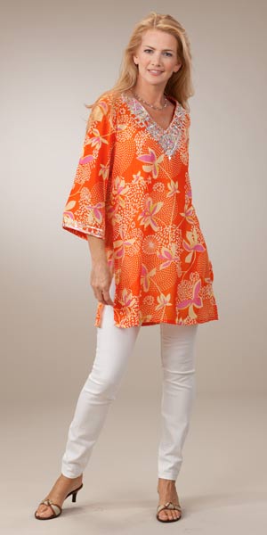 Peppermint Bay Semi-Sheer Tunic for Women - Tangerine Splash