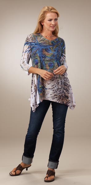 Plus Size Burnout Sublimation Tunic Top - Slightly Sheer in  Peacock Flight