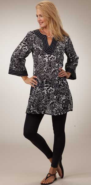 Peppermint Bay 100% Cotton Tunic for Women - Black & White Floral