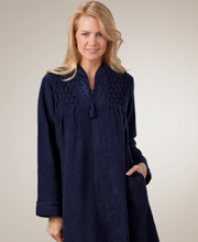 Sale - Bathrobe by Miss Elaine -  Smocked Zippered Brushed Back Terry Fleece in Navy