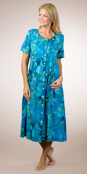 La Cera Short Sleeve Casual Tie-Back Dress - Ocean Blue Print