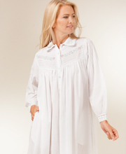 Women's Plus Sleepwear - Long Sleeve White Cotton Embroidered NightGown with Collar - Up to Size 4X