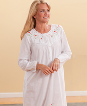 Women's Plus Sleepwear 1X to 4X - Soft & Easy Long Sleeved White Cotton Nightgown -  Red Rose Embroi