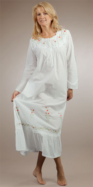 Women's Plus Sleepwear 1X to 4X - Soft & Easy Long Sleeved White Cotton Nightgown -  Red Rose Embroi