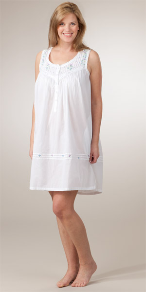 La Cera Sleepwear Cotton Embroidered Sleeveless Short Nightgown -  White 