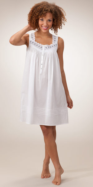 Short Eileen West Sleeveless Cotton Lawn Gown - Snow White Black Trim