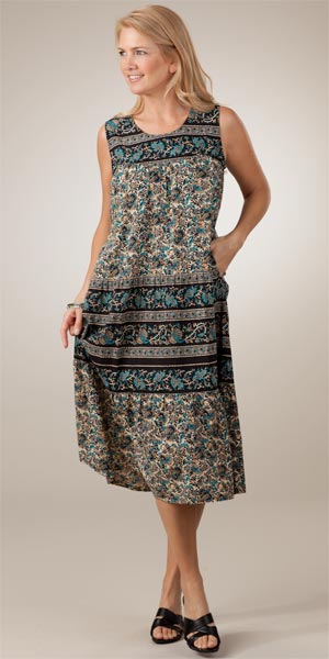 La Cera Cotton Dress -  Sleeveless Teal Paisley Print